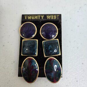 Vintage Earrings New Swirl Purple Blue Gold Tone Pierced Lot of 3 Twenty West 80